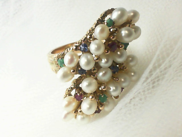 14k Yellow Gold Vintage Pearl Cluster Ring, Estate