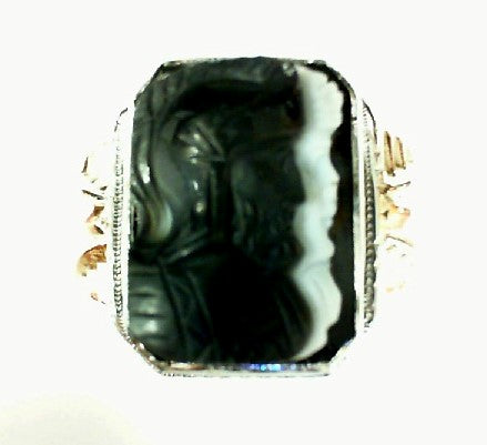 14k Yellow Gold Mens  Onyx Cameo Vintage Ring, Estate