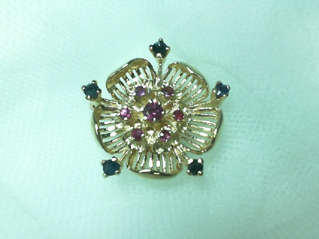 14k Yellow Gold Ruby & Sapphire Vintage Brooch, Estate