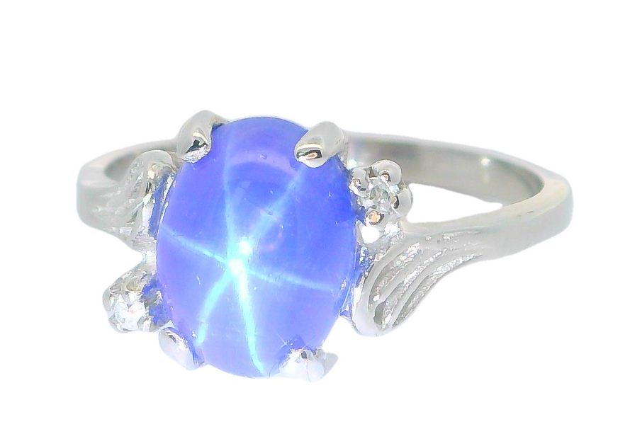 10k White Gold Blue Star Sapphire Diamond Vintage Ring, Estate