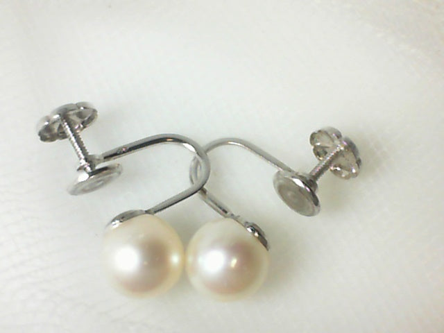 14k White Gold Vintage Pearl Non-Pierced Earrings, Estate