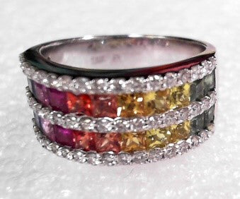 14K White Gold Rainbow Sapphire and Diamond Ring, Estate