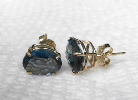 14k Yellow Gold London Blue Topaz Earrings 10X8, Estate