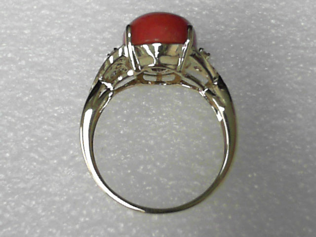 14K Yellow Gold Red Coral and Diamonds Ring, Estate
