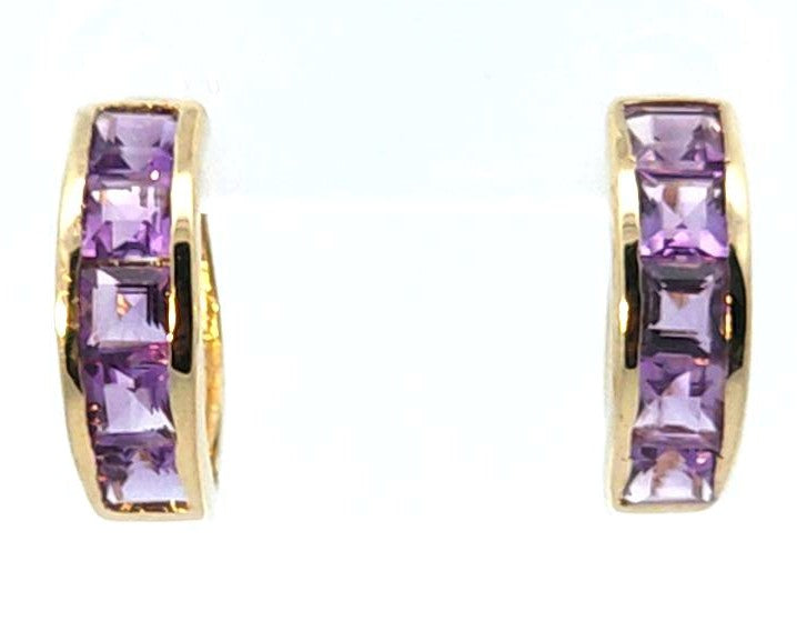 14K YELLOW GOLD AMETHYST HOOP EARRINGS, ESTATE
