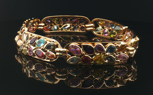 MULTI-COLOR GEMSTONE FLORAL LINK BRACELET IN 18K YELLOW GOLD, ESTATE