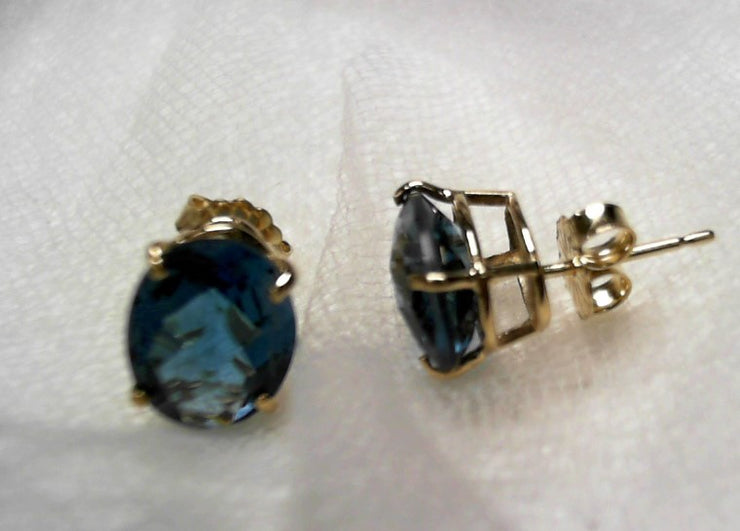 14k Yellow Gold London Blue Topaz Earrings 10X8, Estate