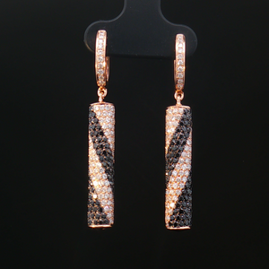 14K ROSE GOLD BLACK AND WHITE DIAMOND SPIRAL CYLINDER DROP EARRINGS, ESTATE