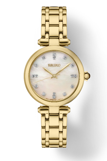 Lady's Goldtone Stainless Steel Seiko Watch Diamond Dial New SRZ536