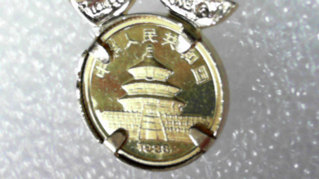 24 kt Panda Coin Pendant, 14 kt Yellow Gold Bezel, Estate