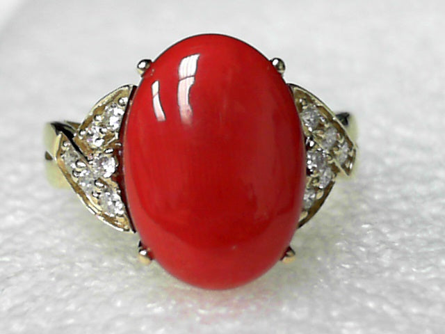 14K Yellow Gold Red Coral and Diamonds Ring, Estate