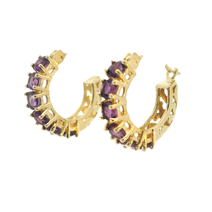 14K YELLOW GOLD AMETHYST HOOPS, ESTATE