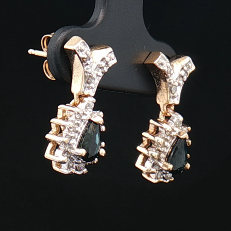 14K YELLOW GOLD SAPPHIRE DIAMOND EARRINGS, ESTATE