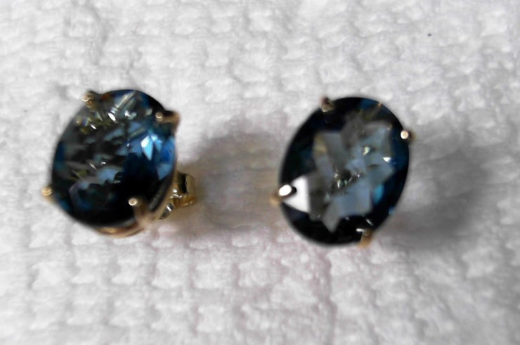 14k Yellow Gold London Blue Topaz Earrings 10X8, Estate