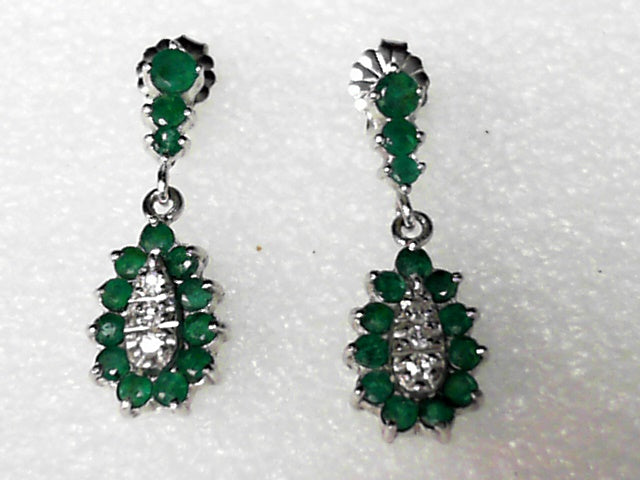 14K White Gold Emerald Dangle Earrings, Estate