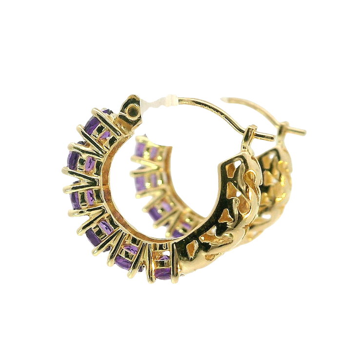 14K YELLOW GOLD AMETHYST HOOPS, ESTATE